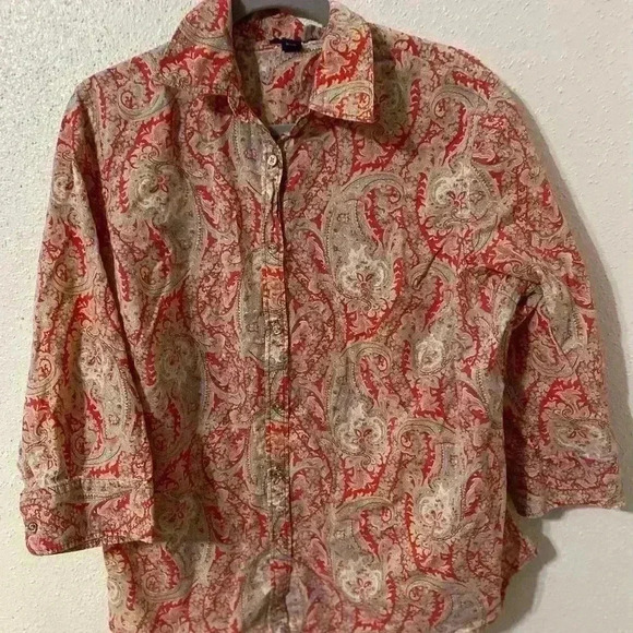 Chaps Women’s Top Red Paisley Button Down Blouse Shirt 3/4 Sleeve Size 1X - Picture 1 of 4